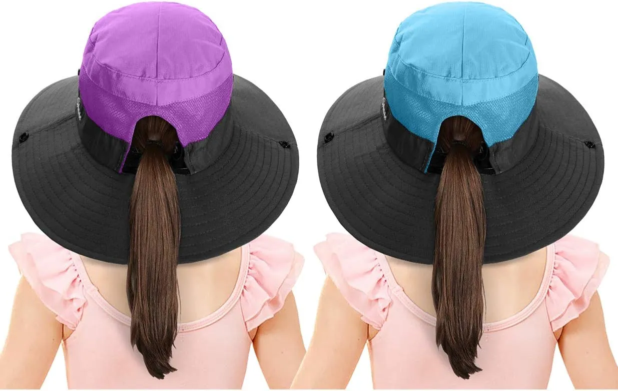 2 Pieces 5-14Y Kids Summer Sun Hat Wide Brim UV Protection for Girls Ponytail Beach Bucket Cap