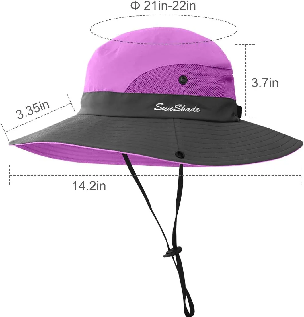 2 Pieces 5-14Y Kids Summer Sun Hat Wide Brim UV Protection for Girls Ponytail Beach Bucket Cap