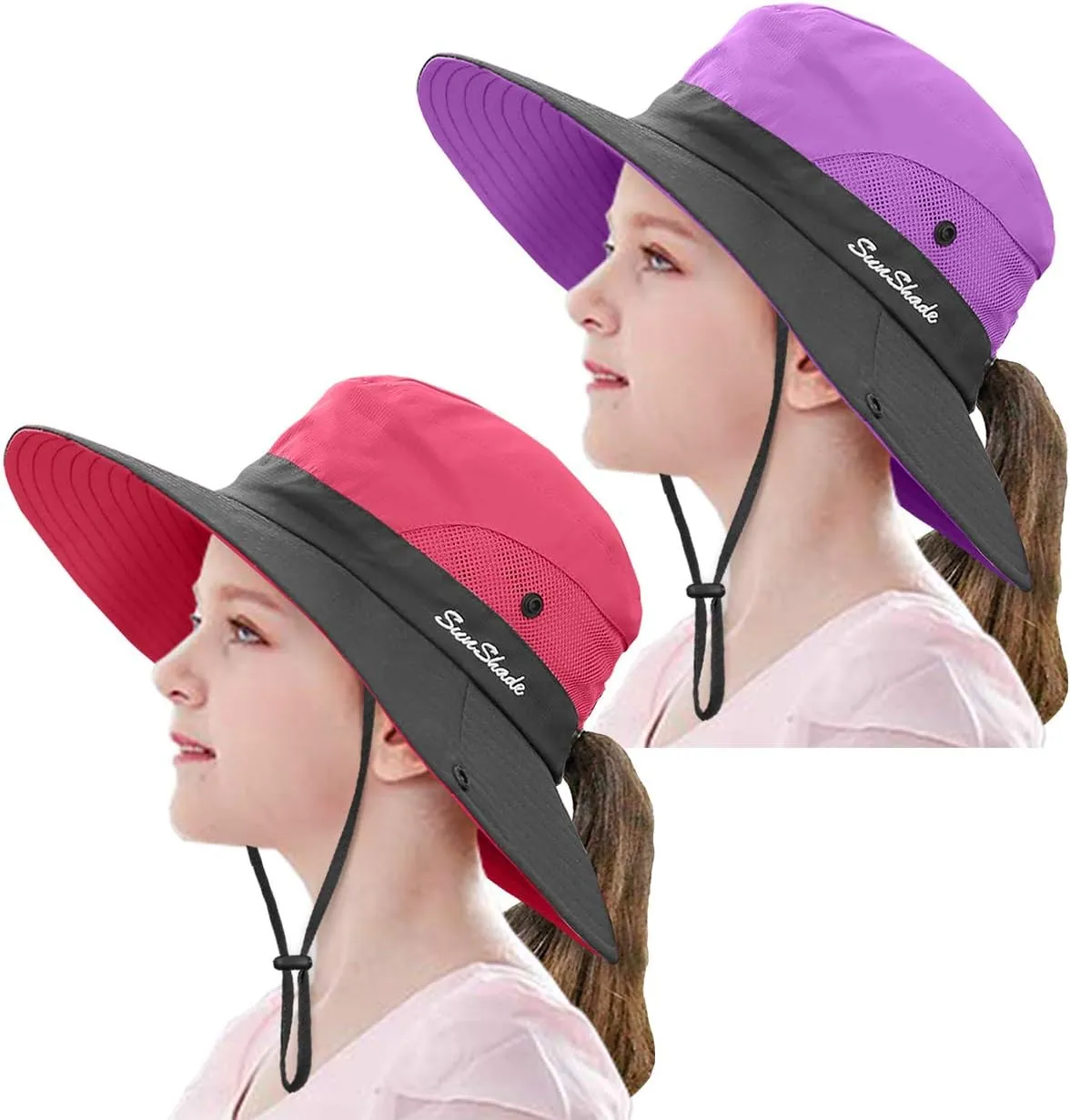 2 Pieces 5-14Y Kids Summer Sun Hat Wide Brim UV Protection for Girls Ponytail Beach Bucket Cap