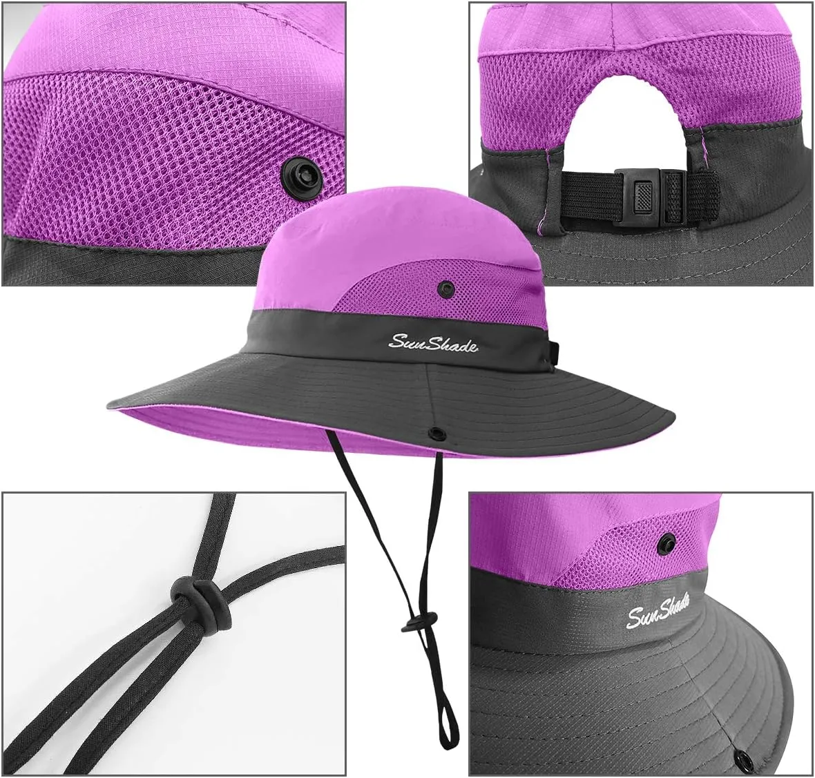 2 Pieces 5-14Y Kids Summer Sun Hat Wide Brim UV Protection for Girls Ponytail Beach Bucket Cap