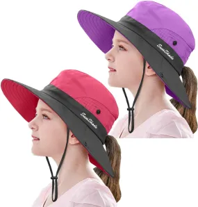 2 Pieces 5-14Y Kids Summer Sun Hat Wide Brim UV Protection for Girls Ponytail Beach Bucket Cap