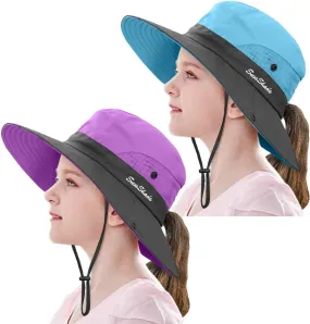 2 Pieces 5-14Y Kids Summer Sun Hat Wide Brim UV Protection for Girls Ponytail Beach Bucket Cap