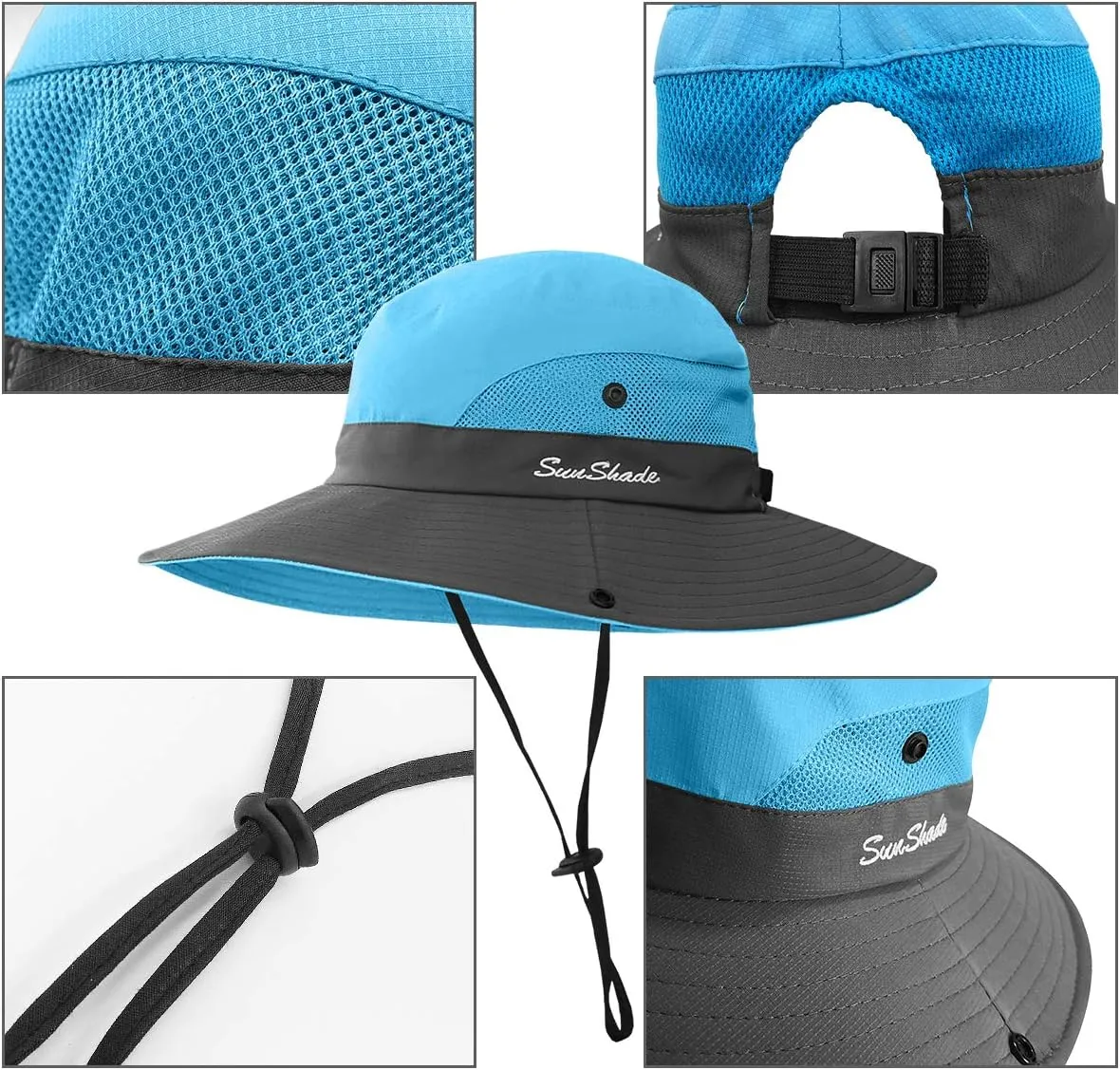 2 Pieces 5-14Y Kids Summer Sun Hat Wide Brim UV Protection for Girls Ponytail Beach Bucket Cap