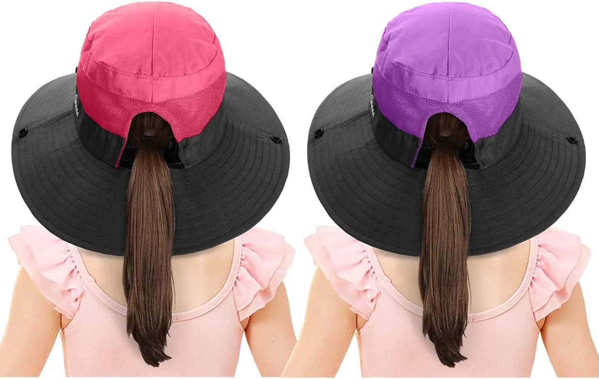 2 Pieces 5-14Y Kids Summer Sun Hat Wide Brim UV Protection for Girls Ponytail Beach Bucket Cap
