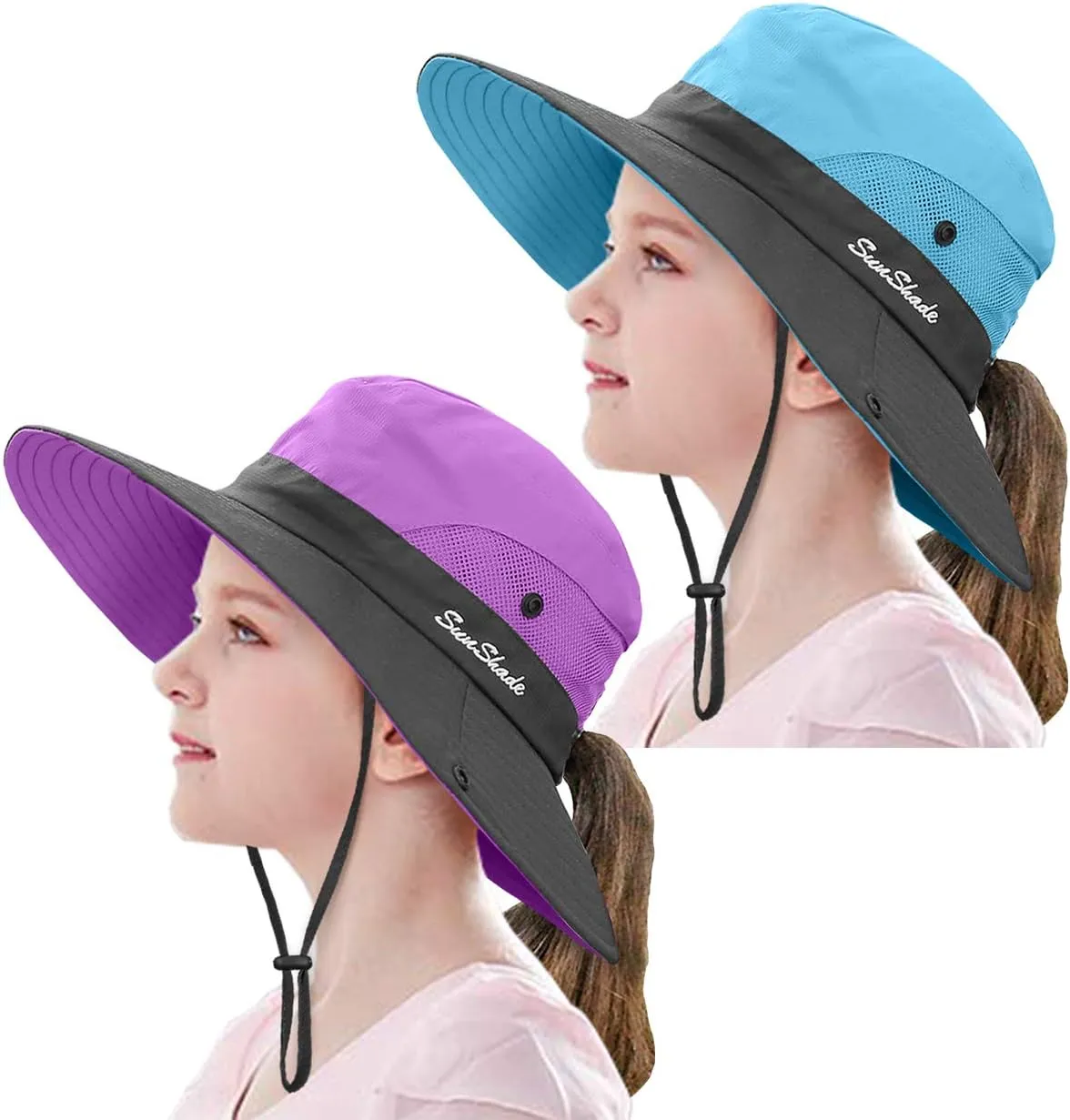 2 Pieces 5-14Y Kids Summer Sun Hat Wide Brim UV Protection for Girls Ponytail Beach Bucket Cap