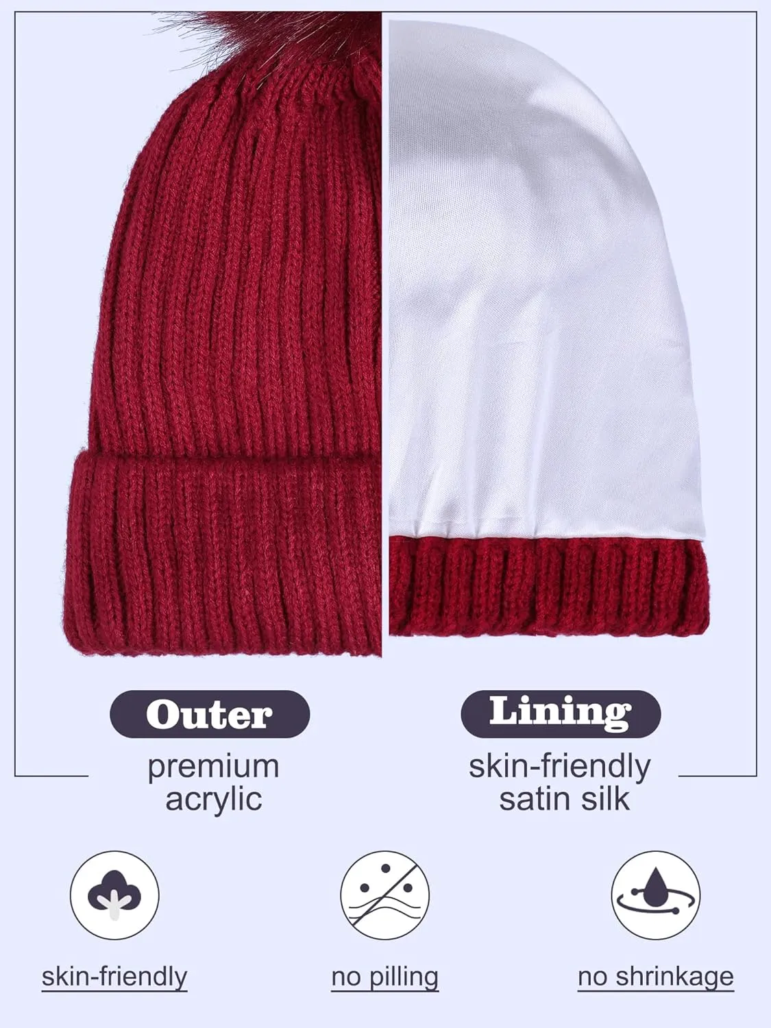 4 Pieces Womens Winter Satin Lined Knit Pom Beanie Hats Touchscreen Gloves Set