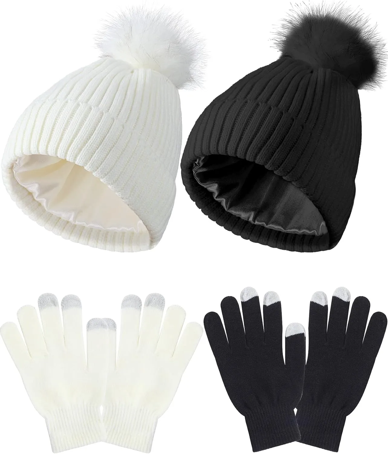 4 Pieces Womens Winter Satin Lined Knit Pom Beanie Hats Touchscreen Gloves Set