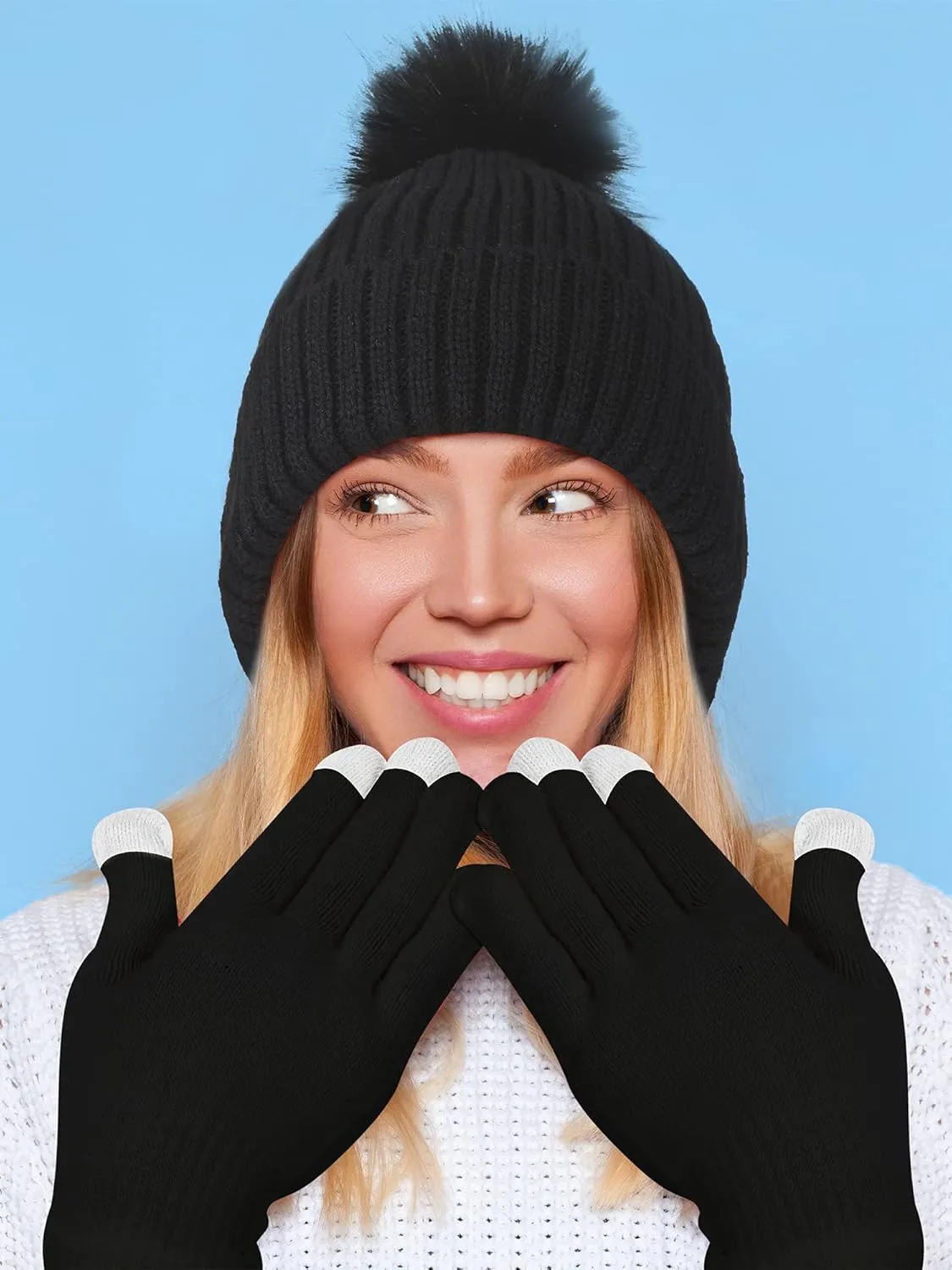 4 Pieces Womens Winter Satin Lined Knit Pom Beanie Hats Touchscreen Gloves Set