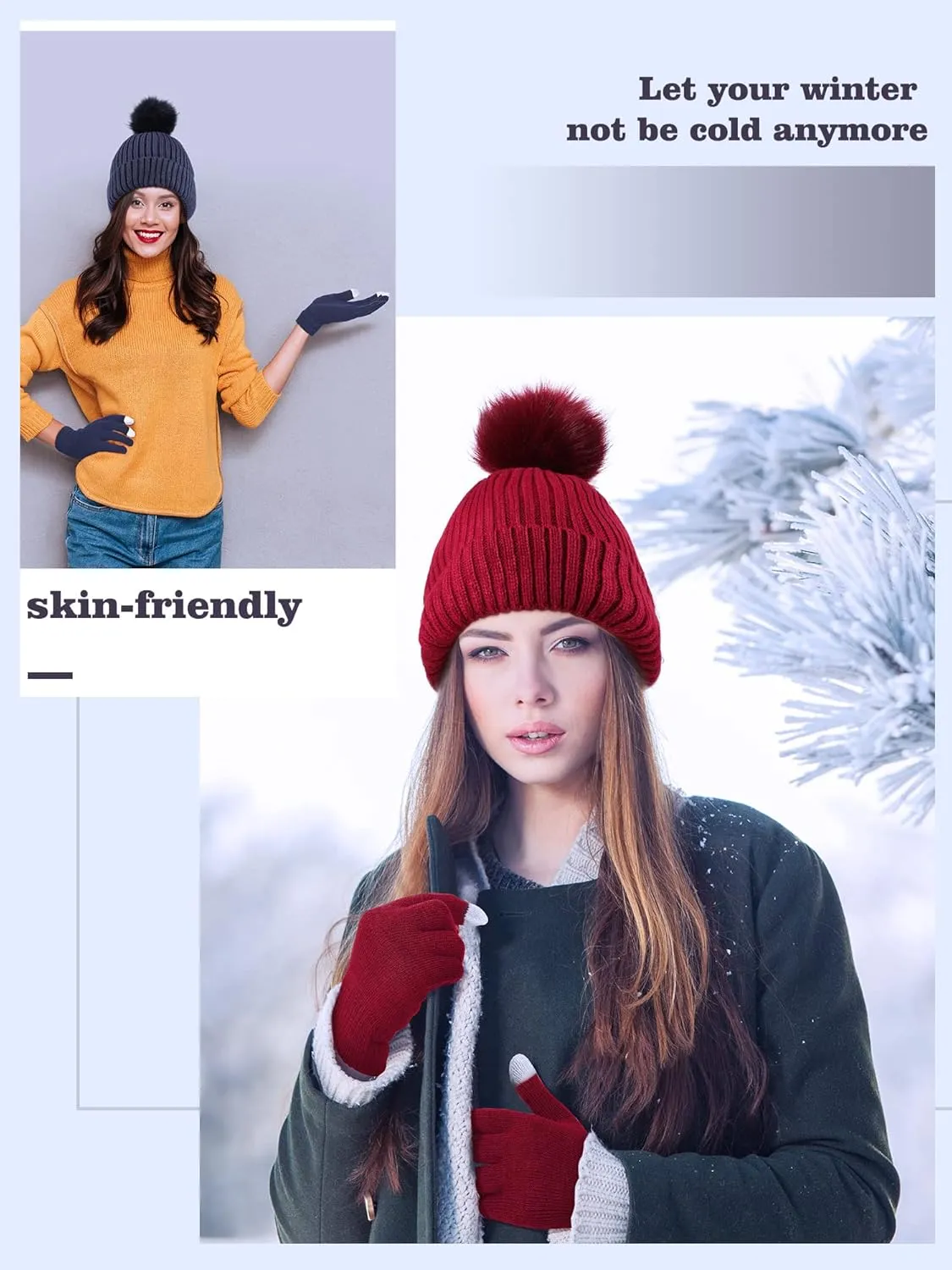 4 Pieces Womens Winter Satin Lined Knit Pom Beanie Hats Touchscreen Gloves Set