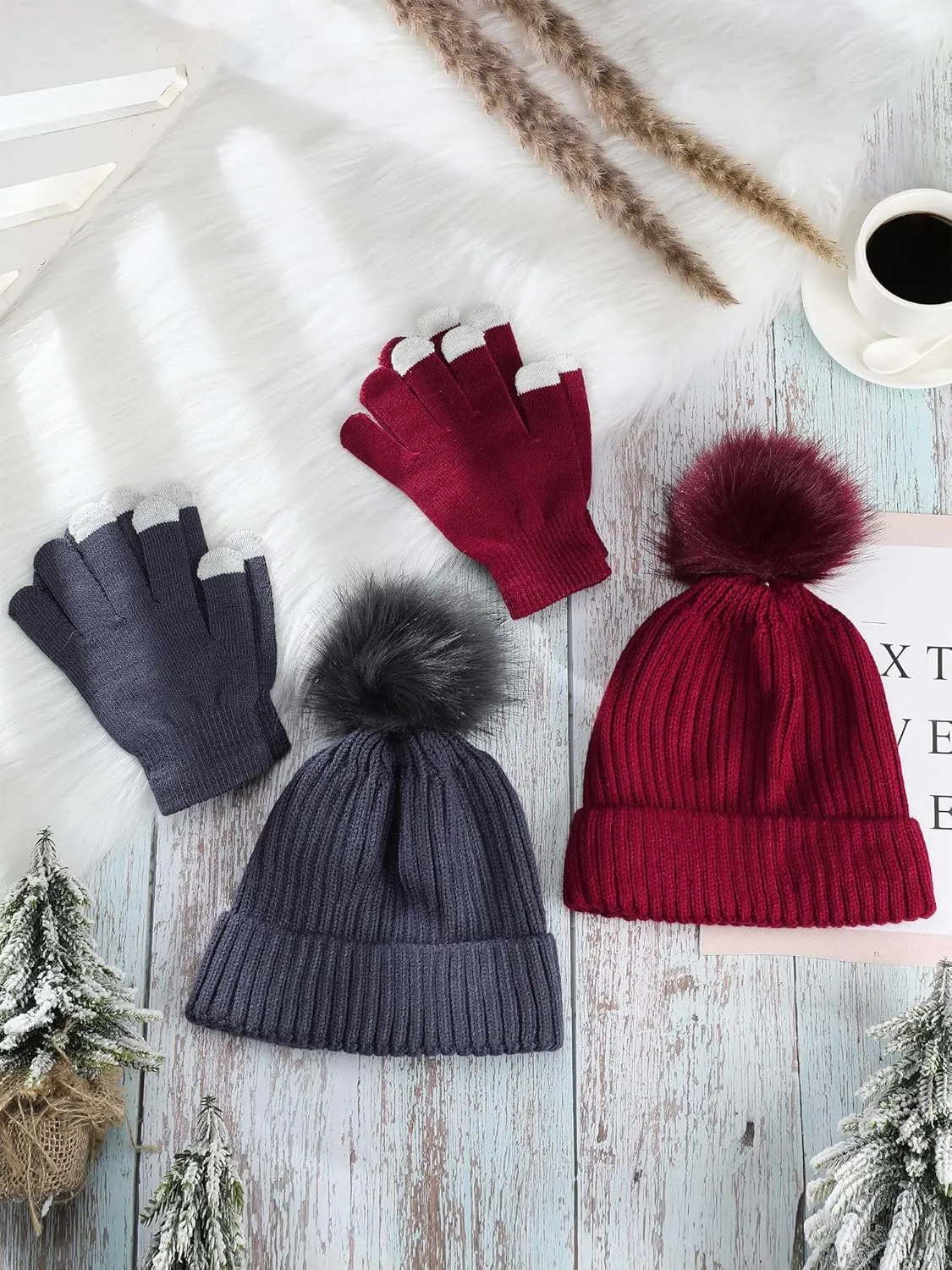 4 Pieces Womens Winter Satin Lined Knit Pom Beanie Hats Touchscreen Gloves Set