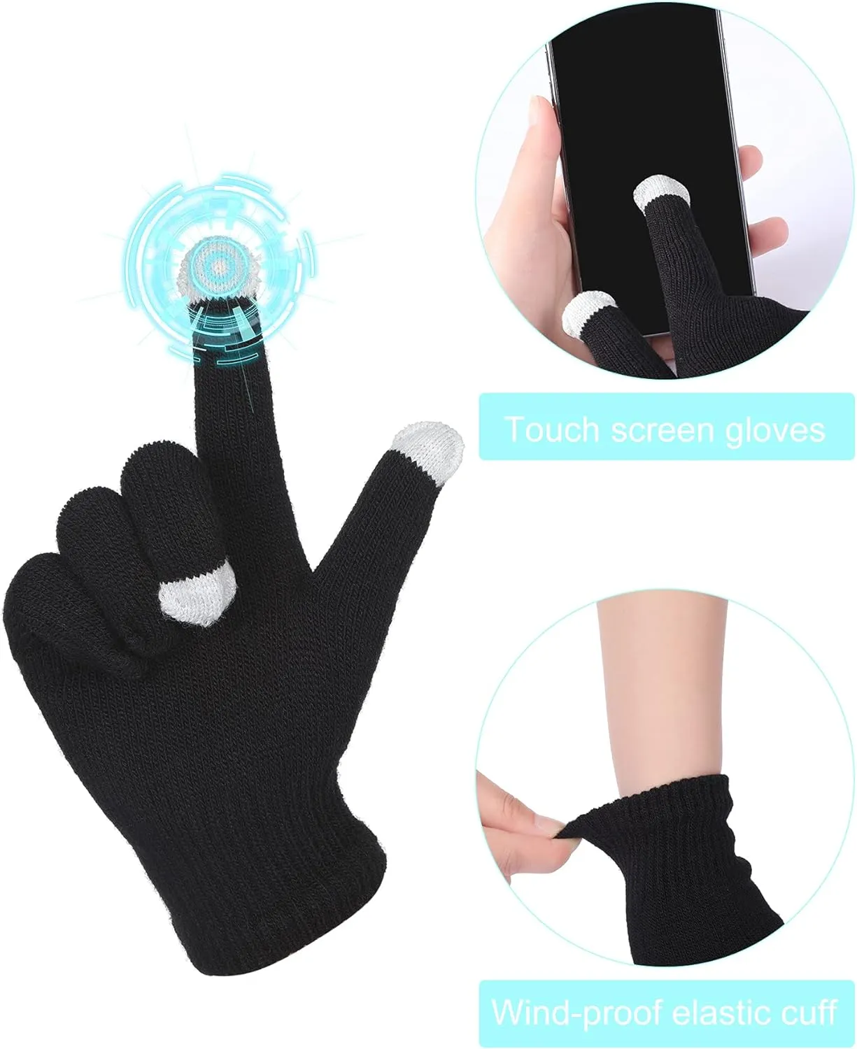 4 Pieces Womens Winter Satin Lined Knit Pom Beanie Hats Touchscreen Gloves Set