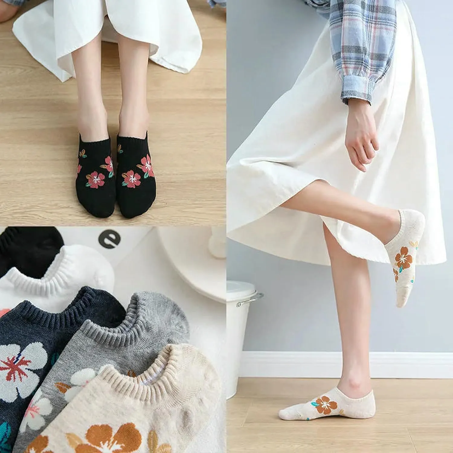 5 Pairs Women Flower Pattern Summer Thin Short Socks Breathable Soft Knitted Casual Socks ﻿
