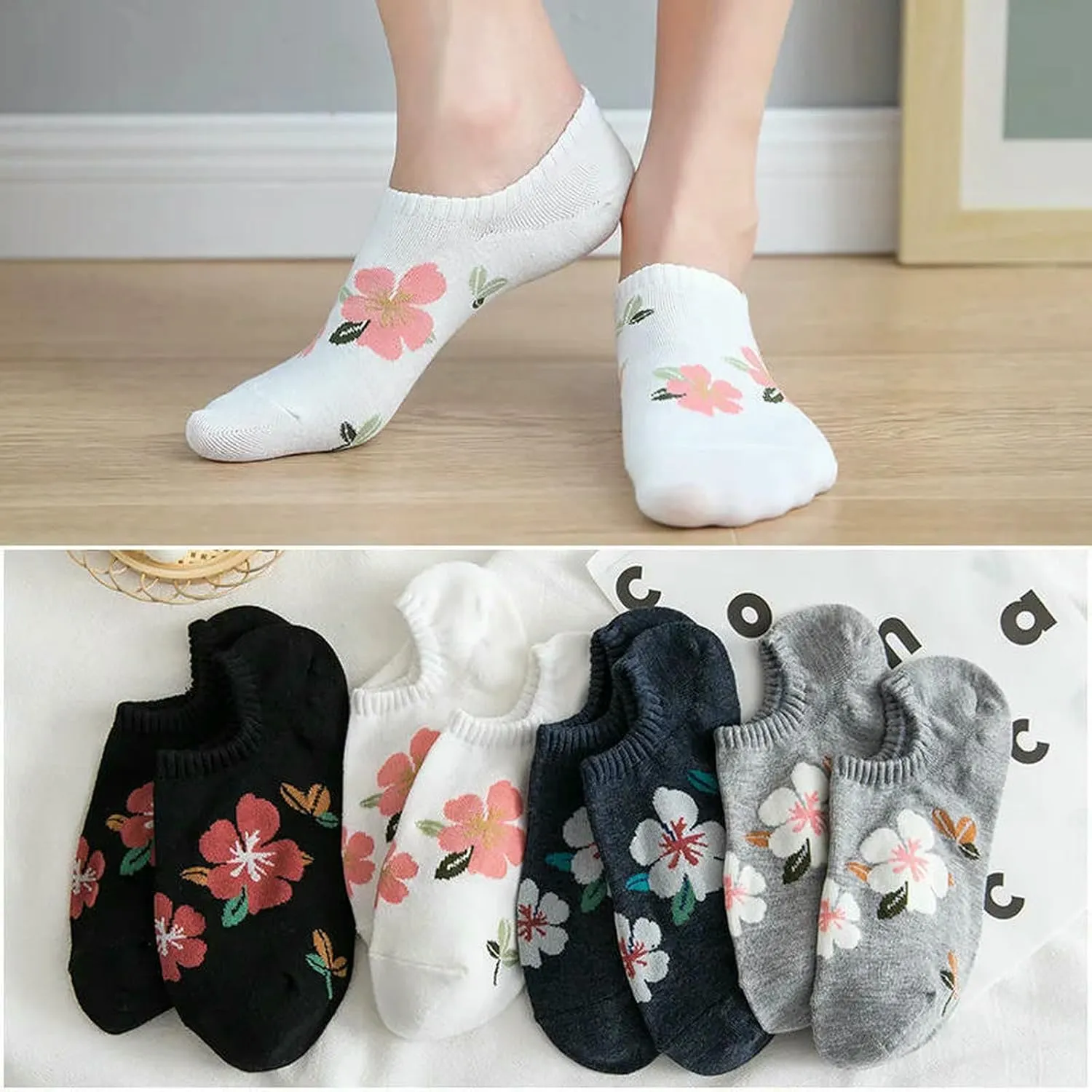 5 Pairs Women Flower Pattern Summer Thin Short Socks Breathable Soft Knitted Casual Socks ﻿