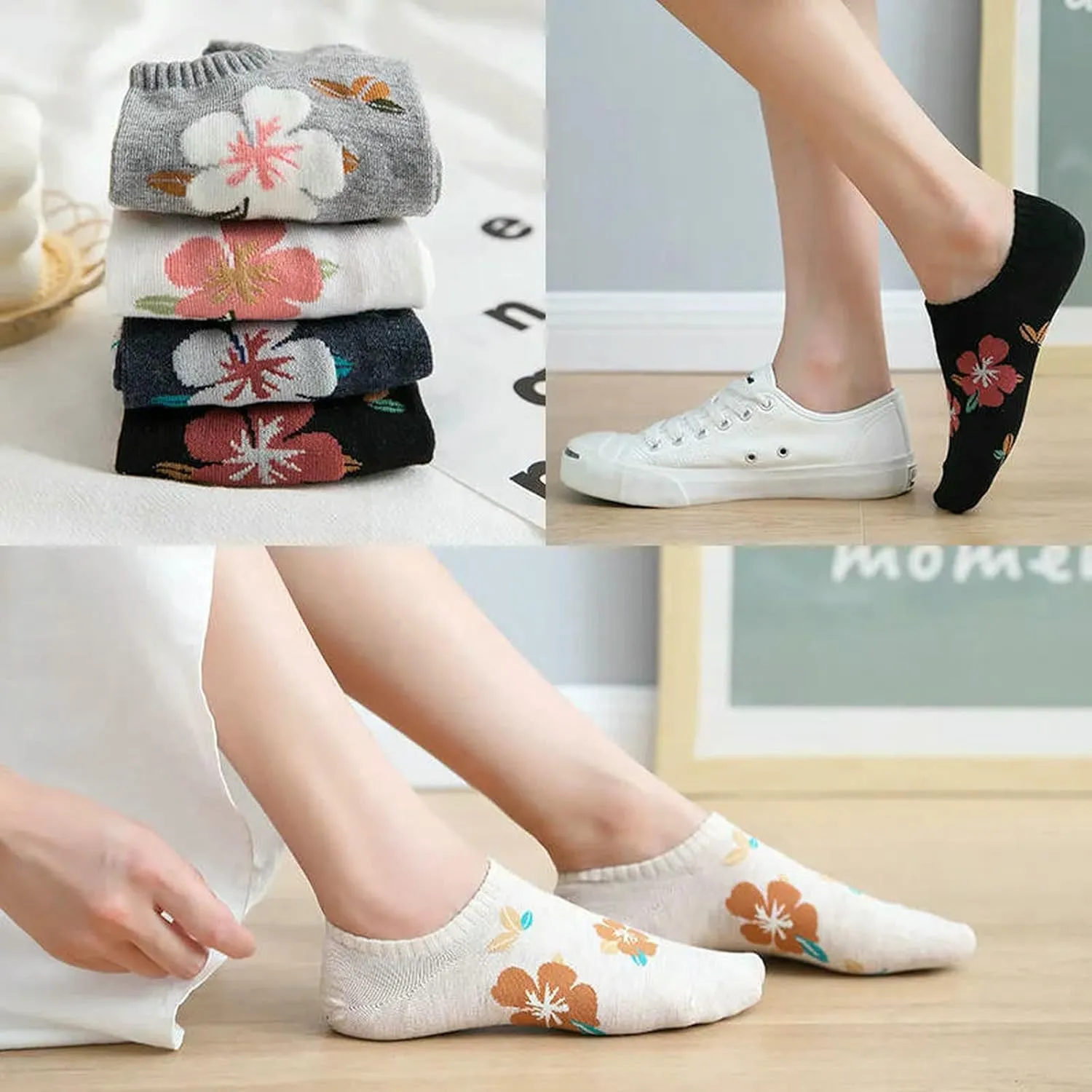 5 Pairs Women Flower Pattern Summer Thin Short Socks Breathable Soft Knitted Casual Socks ﻿