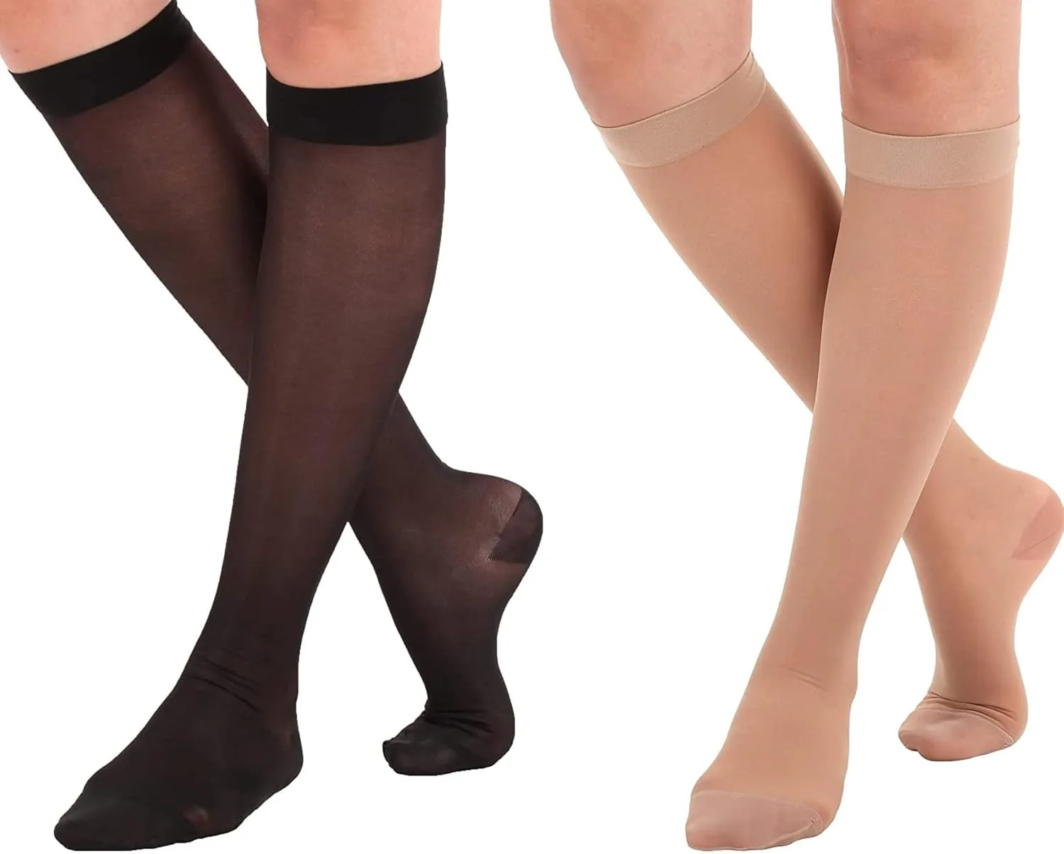 (6 Pairs) Made in USA - Size 2X-Large - Sheer Compression Socks for Women Circulation 15-20mmHg - Lightweight Long Compression Knee Hi Support Stockings for Ladies - Beige & Black