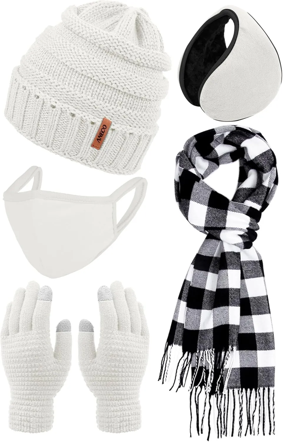 Aneco Winter Warm Sets Buffalo Plaid Scarf Knitted Beanie Hat Gloves Earloop Warm Cover for Men and Women
