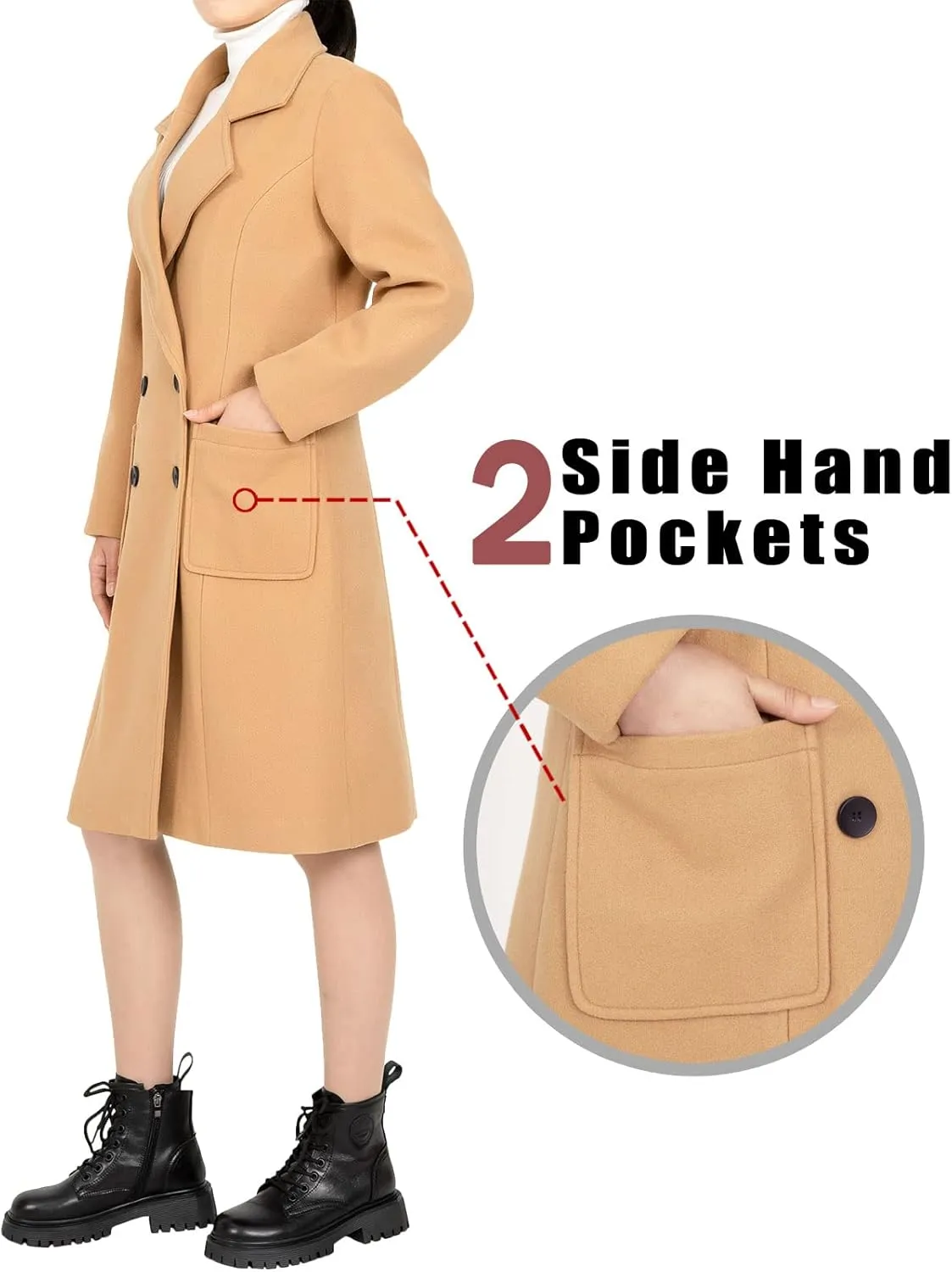 Bonnorth women's Notch Lapel Double Breasted Wool Blend Peacoat Mid-Long Fall Winter Essential Trench Coat