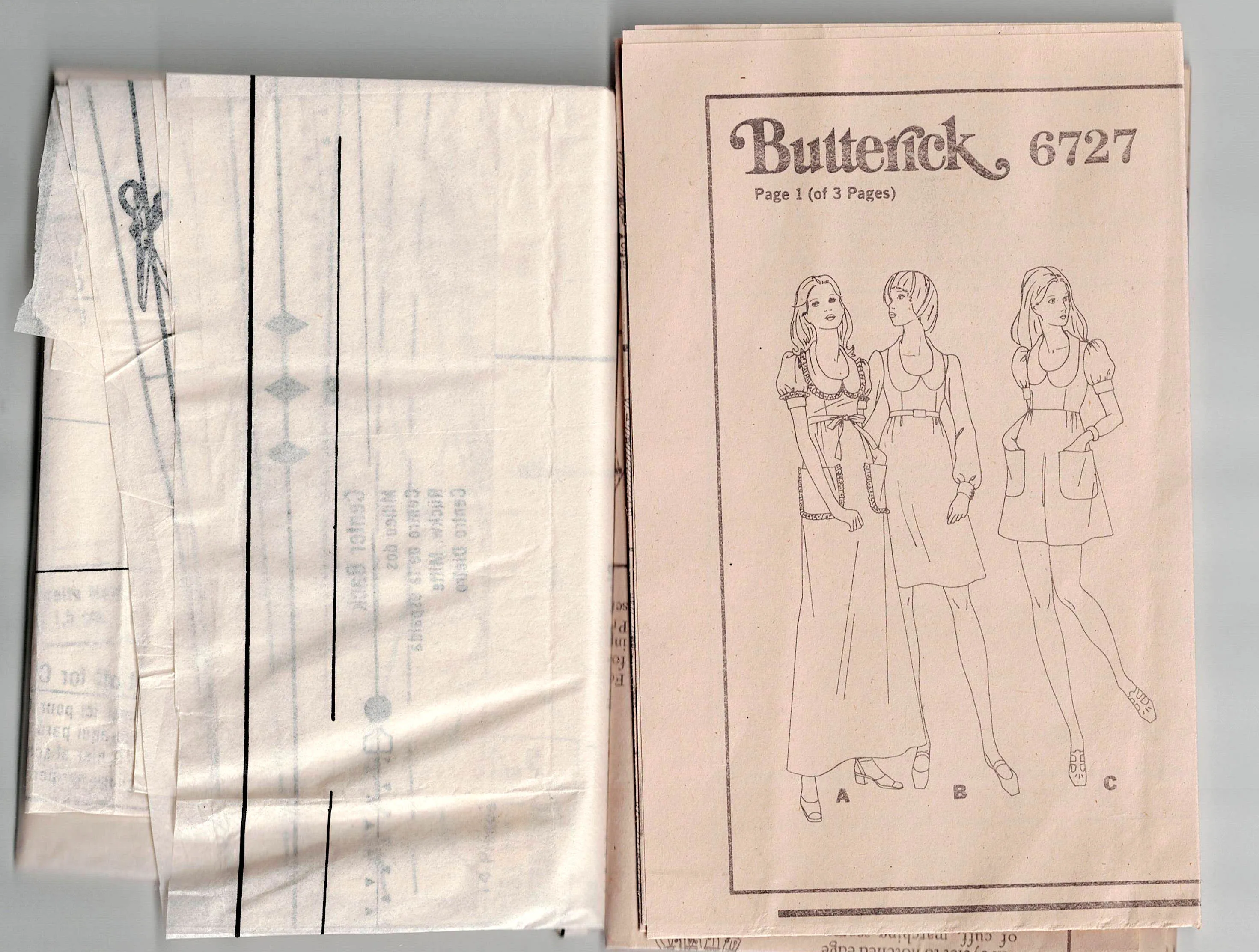 Butterick 6727 Junior Petite High Waisted Puff Sleeved Dress 1970s Vintage Sewing Pattern Bust 35 inches