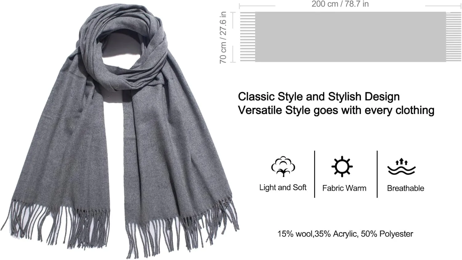 Cashmere Blend Solid Color Scarfs for Women Winter Scarves for Women Pashmina Shawls And Wraps Wool Scarf
