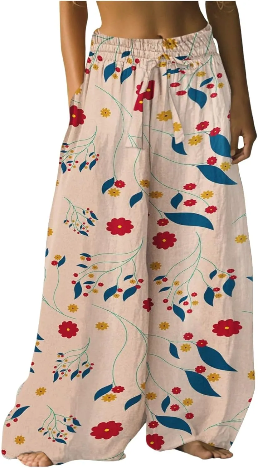 Casual Summer Dresses for Women 2025,Womens Wide Leg Pants Fashionable Floral Dresses Pants High Waisted Boho Trousers