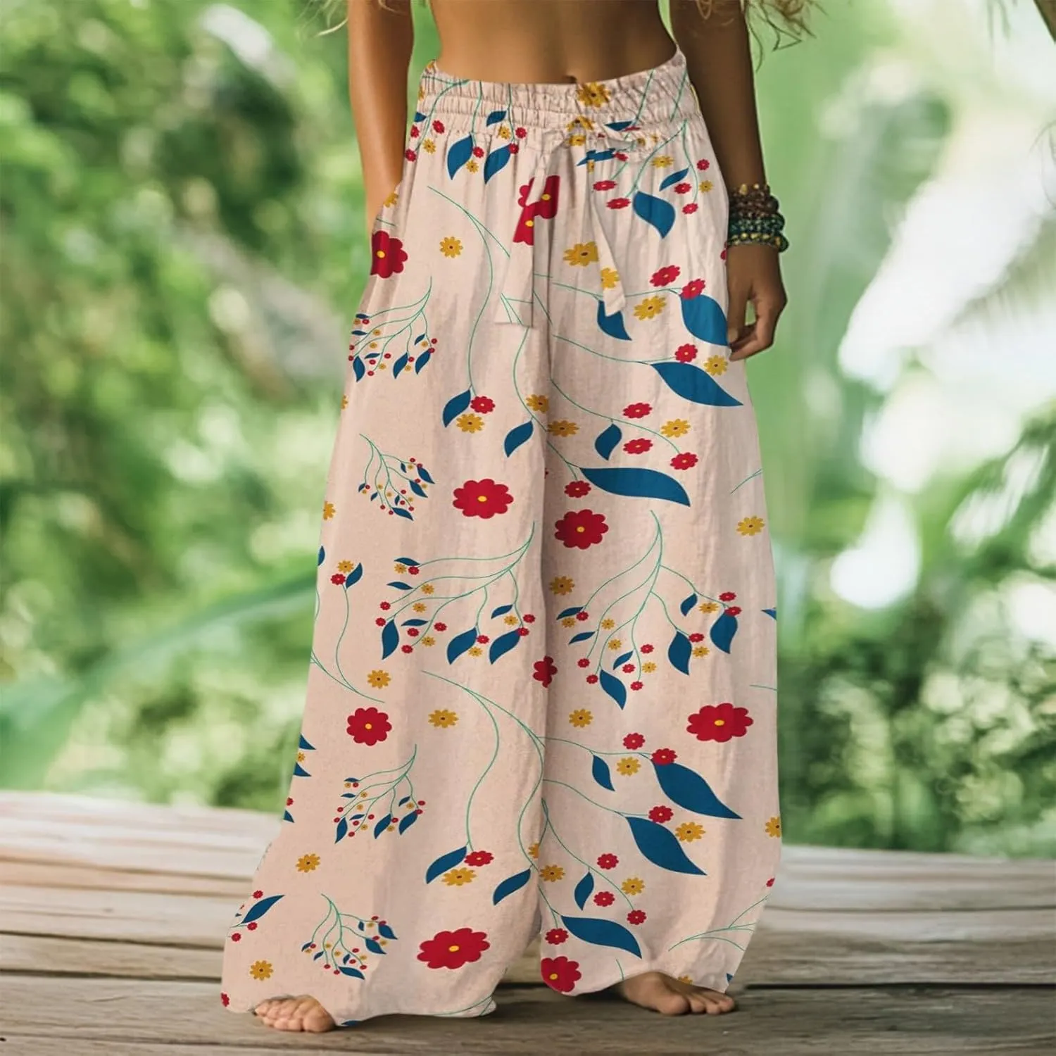 Casual Summer Dresses for Women 2025,Womens Wide Leg Pants Fashionable Floral Dresses Pants High Waisted Boho Trousers