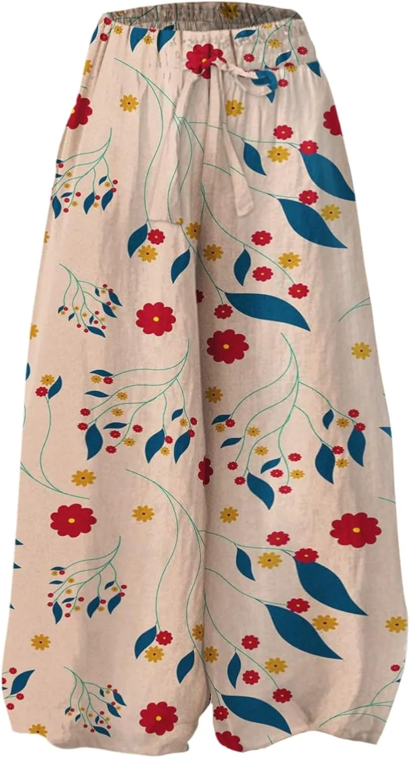 Casual Summer Dresses for Women 2025,Womens Wide Leg Pants Fashionable Floral Dresses Pants High Waisted Boho Trousers