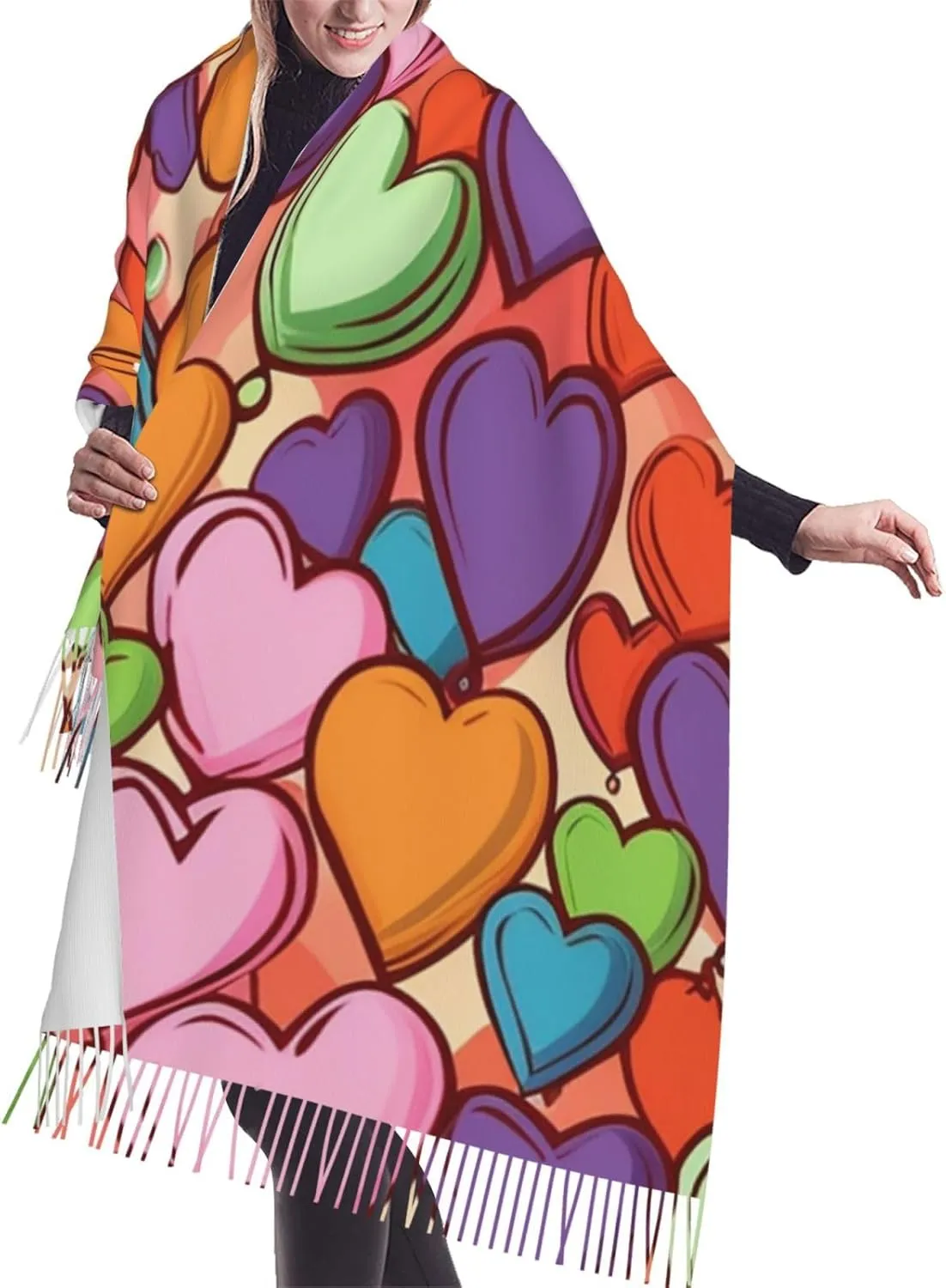 Colorful Heart Pattern Women's Scarf Warm Soft Shawl Wrap Scarf Fall Winter Fashion Tassel Scarf Oversized Scarves Blanket for Men Women