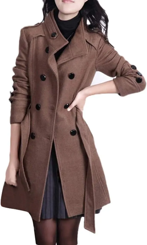 cooki Fall Jackets for Women 2023 Women Wool Trench Coat Winter Double-Breasted Jacket with Belts Casual Winter Classic Coat