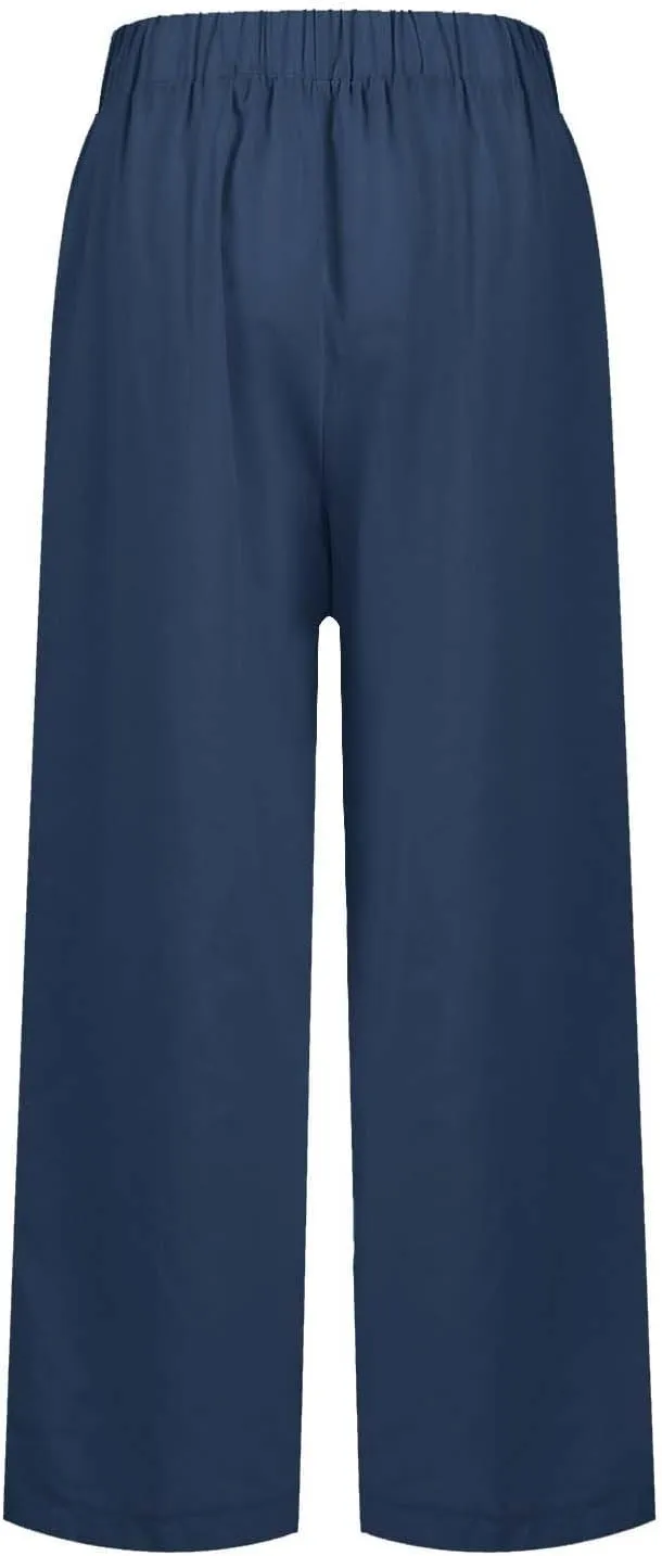 Cropped Linen Pants Women Petite Plus Size Wide Leg Crop Pants Elastic Waist Straight Leg Lightweight Summer Pants