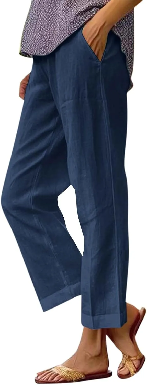Cropped Linen Pants Women Petite Plus Size Wide Leg Crop Pants Elastic Waist Straight Leg Lightweight Summer Pants