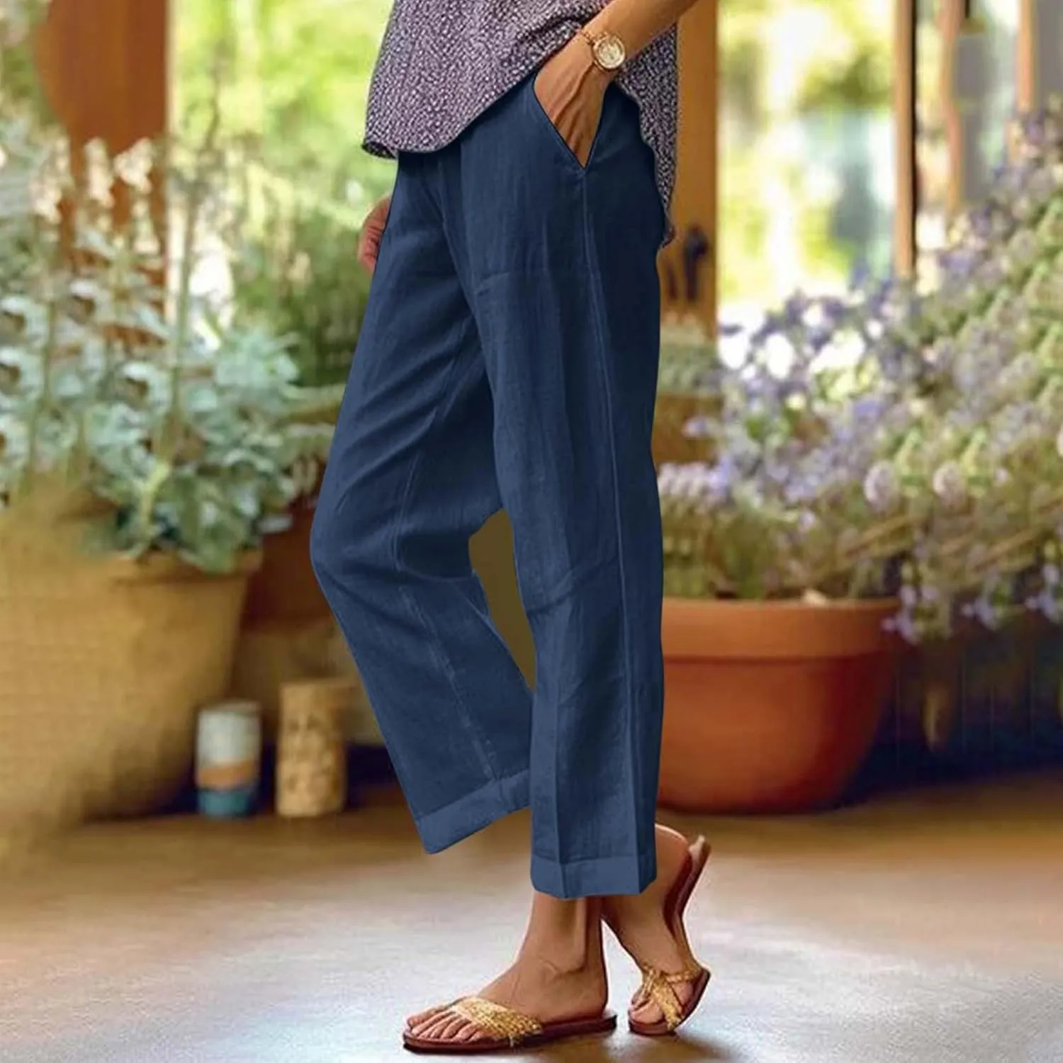 Cropped Linen Pants Women Petite Plus Size Wide Leg Crop Pants Elastic Waist Straight Leg Lightweight Summer Pants