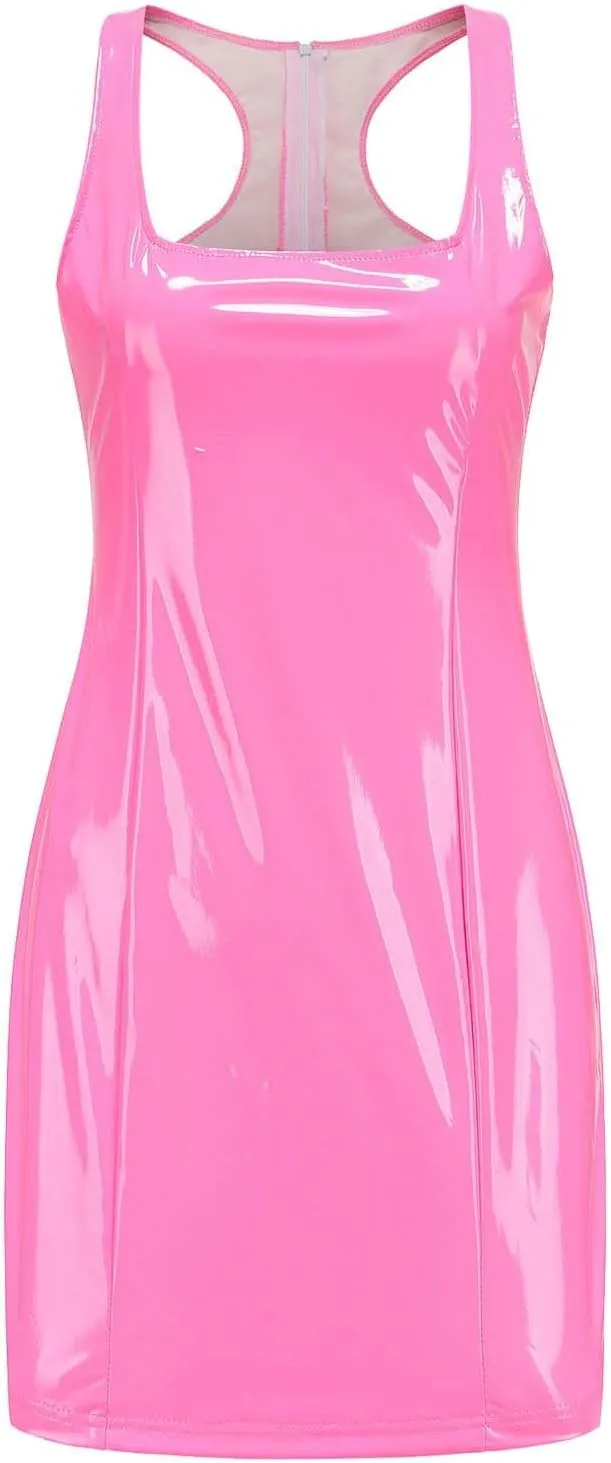 HGps8w Womens Faux PU Leather Mini Bodycon Dress Sexy Scoop Neck Sleeveless Party Club Night Evening Cocktail Dresses