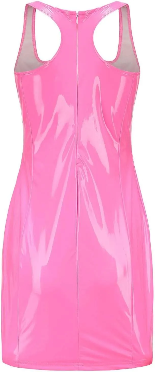 HGps8w Womens Faux PU Leather Mini Bodycon Dress Sexy Scoop Neck Sleeveless Party Club Night Evening Cocktail Dresses