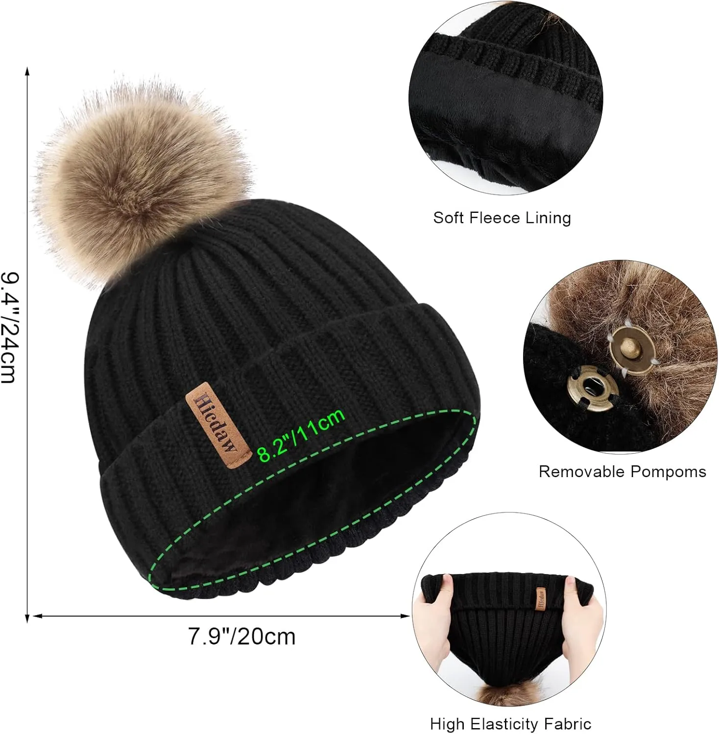 Hicdaw Kids Winter Hats Gloves Scarf Set Touchscreen Glove With Removable Pompom Fleece Lined Toddler Beanie Hat for Boy Girl