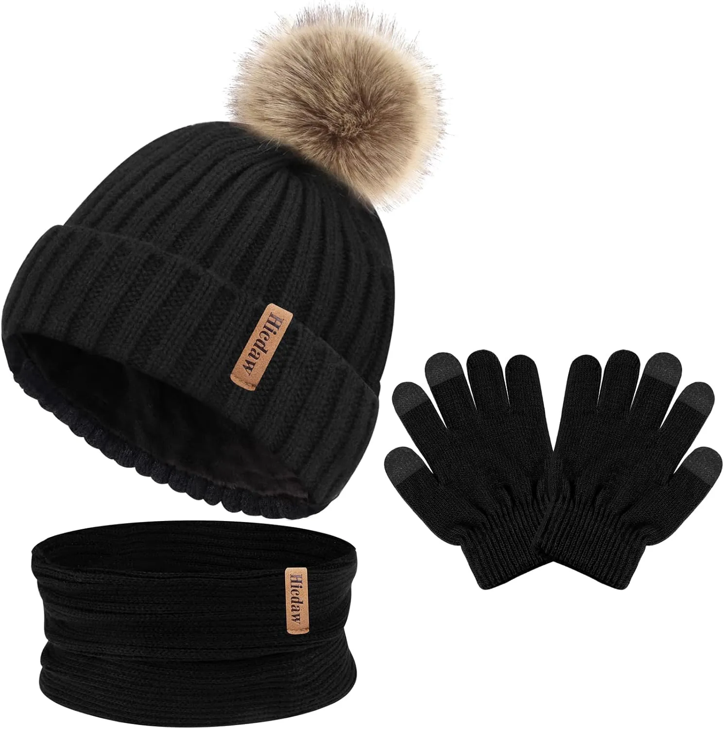 Hicdaw Kids Winter Hats Gloves Scarf Set Touchscreen Glove With Removable Pompom Fleece Lined Toddler Beanie Hat for Boy Girl