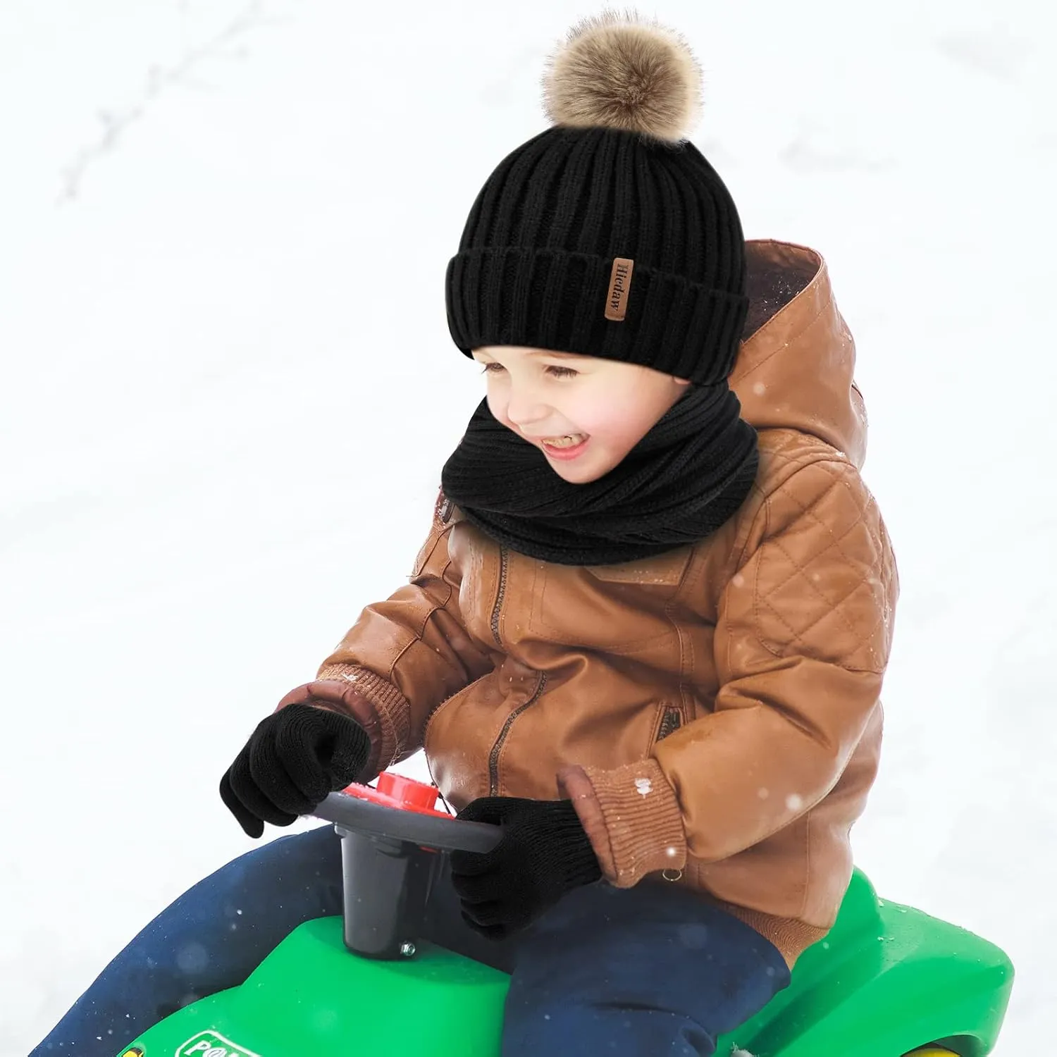 Hicdaw Kids Winter Hats Gloves Scarf Set Touchscreen Glove With Removable Pompom Fleece Lined Toddler Beanie Hat for Boy Girl