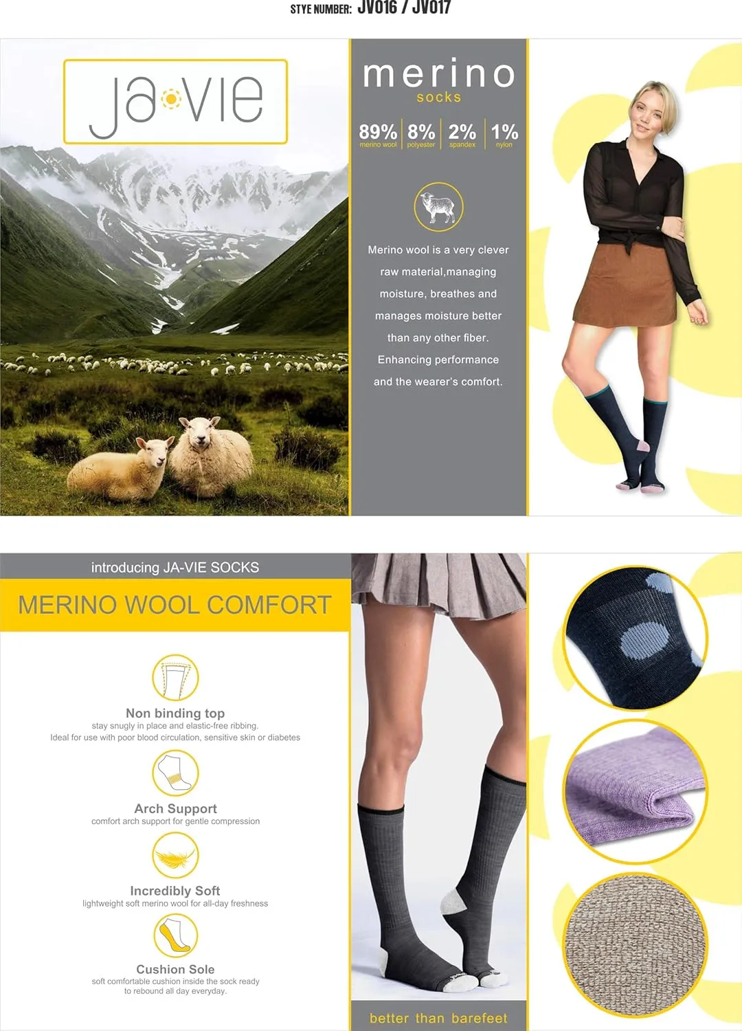 JAVIE Merino Wool Crew Socks Men & Women Ultra Soft Cushioned Arch Support Athletic Lightweight for Hiking, Running, Workout