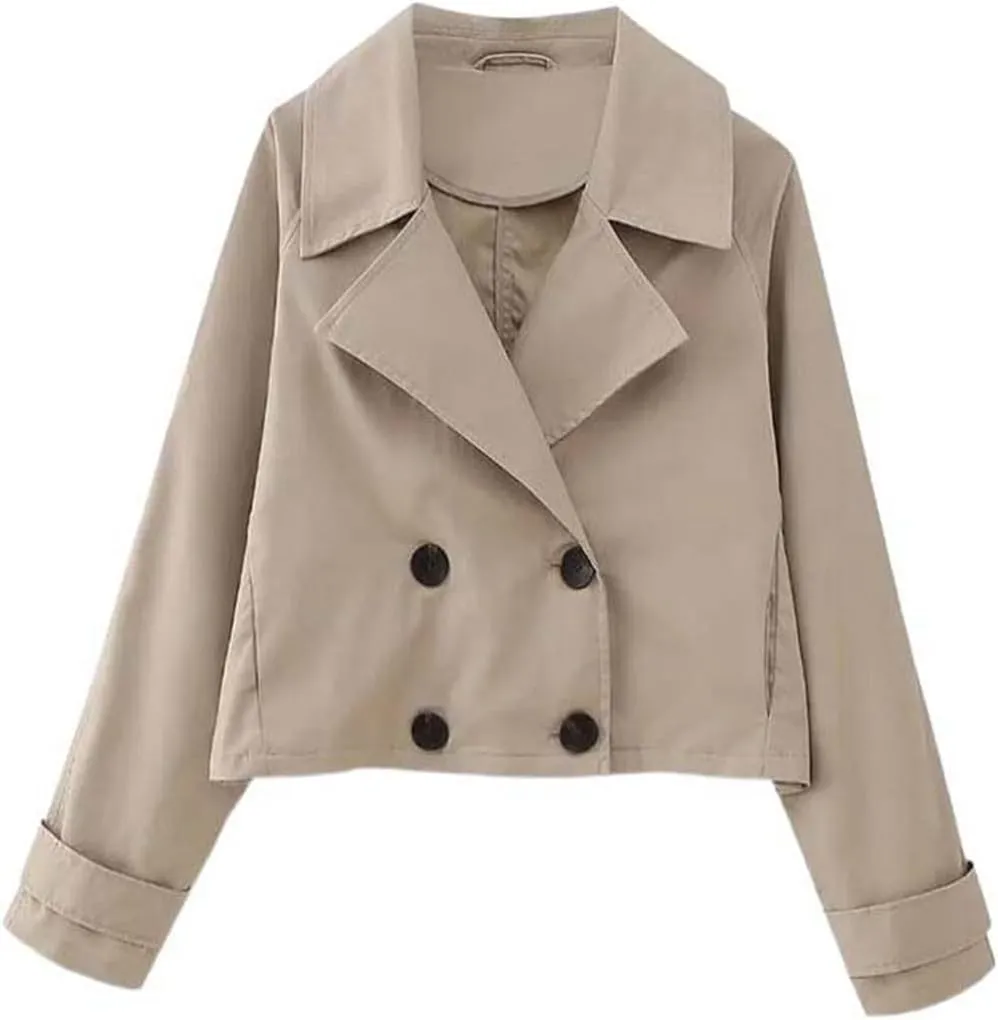 JYHBHMZG Women Double Breasted Cropped Trench Jacket Coat Vintage Long Sleeve Front Pockets Female Outerwear Chic Tops