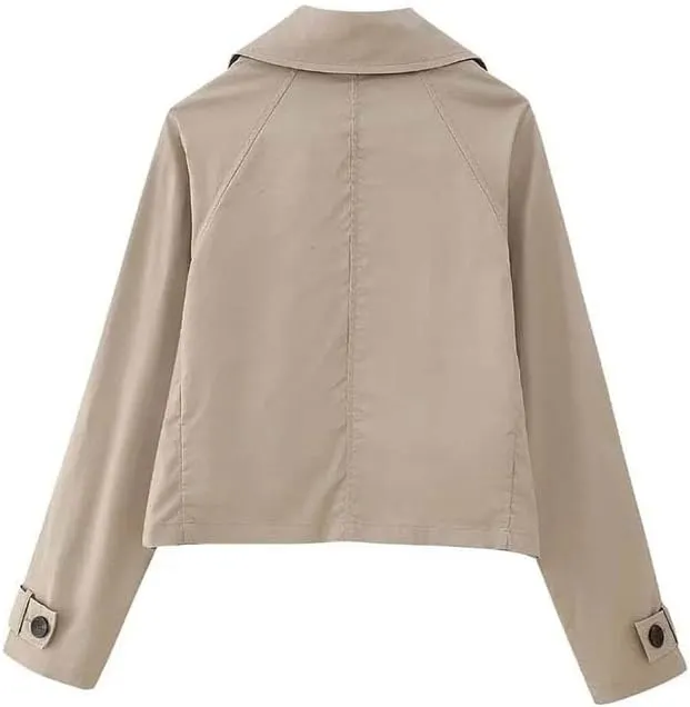 JYHBHMZG Women Double Breasted Cropped Trench Jacket Coat Vintage Long Sleeve Front Pockets Female Outerwear Chic Tops