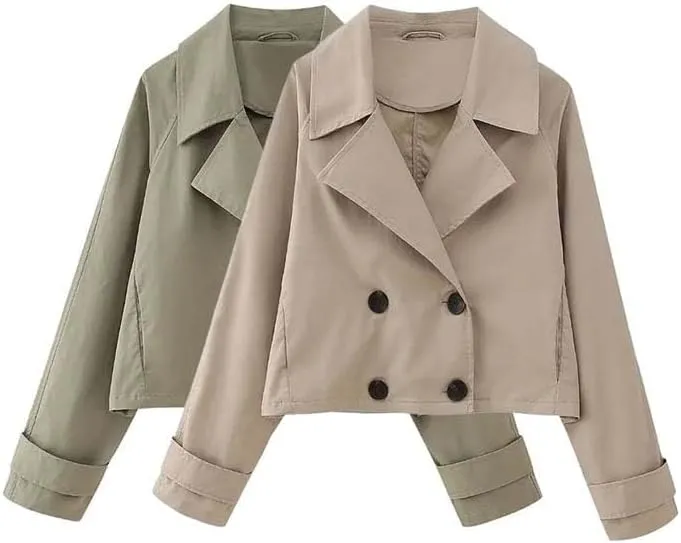JYHBHMZG Women Double Breasted Cropped Trench Jacket Coat Vintage Long Sleeve Front Pockets Female Outerwear Chic Tops