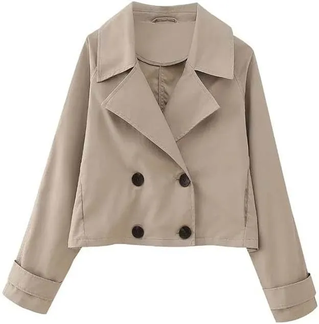 JYHBHMZG Women Double Breasted Cropped Trench Jacket Coat Vintage Long Sleeve Front Pockets Female Outerwear Chic Tops