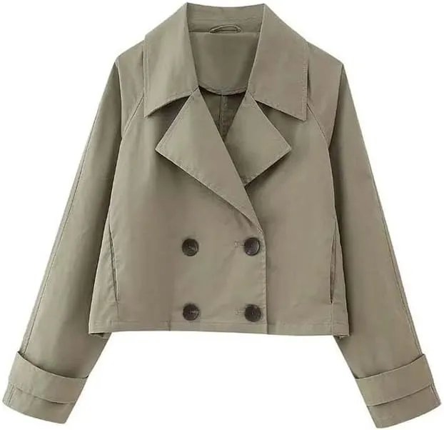 JYHBHMZG Women Double Breasted Cropped Trench Jacket Coat Vintage Long Sleeve Front Pockets Female Outerwear Chic Tops
