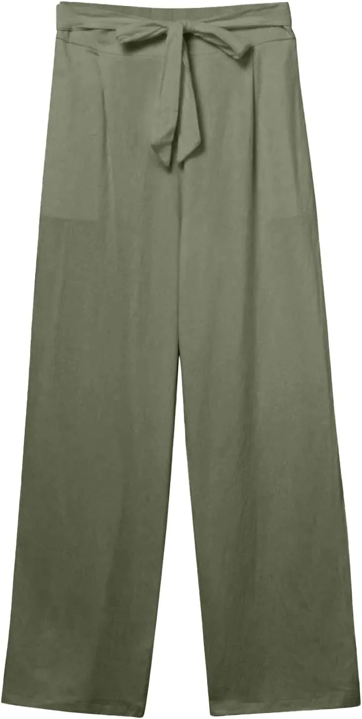 Linen Wide Leg Pants Woman Summer Lightweight Lounge Palazzo Pants Casual Drawstring Belt High Waisted Pants w/Pocket