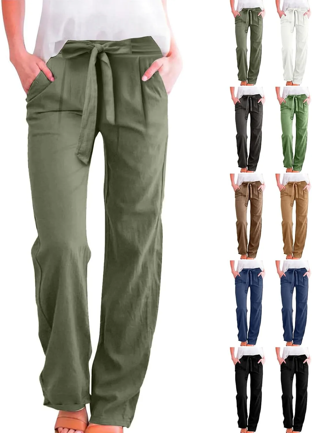 Linen Wide Leg Pants Woman Summer Lightweight Lounge Palazzo Pants Casual Drawstring Belt High Waisted Pants w/Pocket