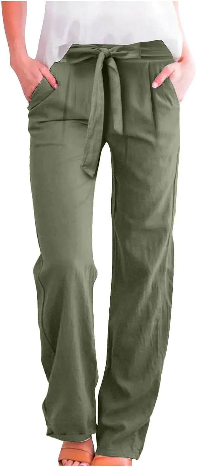 Linen Wide Leg Pants Woman Summer Lightweight Lounge Palazzo Pants Casual Drawstring Belt High Waisted Pants w/Pocket