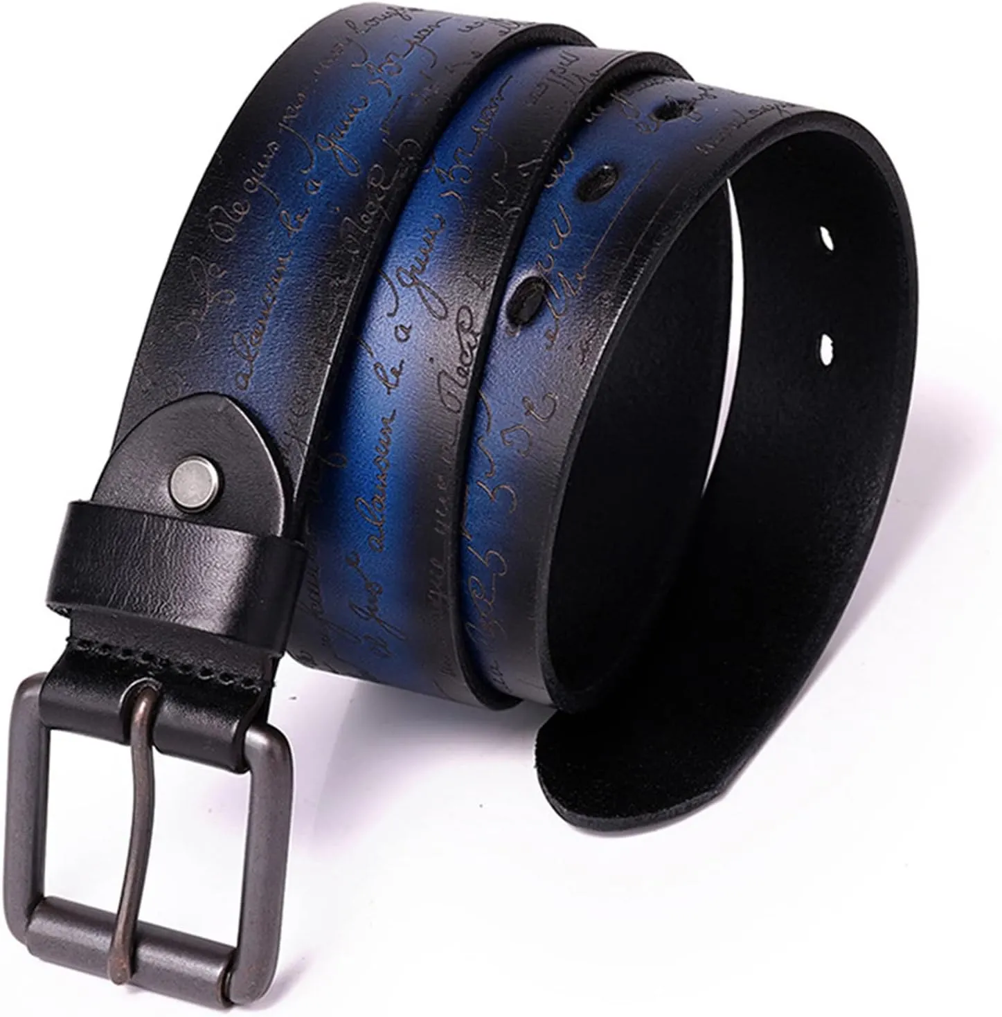 Men Belt,Genuine Leather Belts,Natural Cow Leather Buckle Belt,Fashion Vintage Belts,Blue,120CM/47.3''