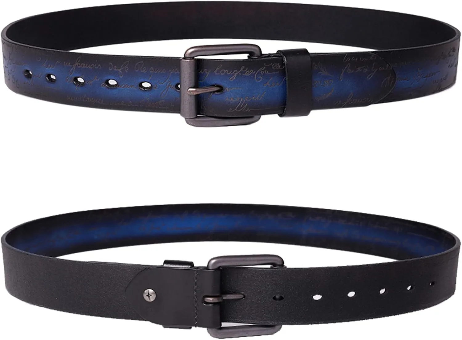 Men Belt,Genuine Leather Belts,Natural Cow Leather Buckle Belt,Fashion Vintage Belts,Blue,120CM/47.3''