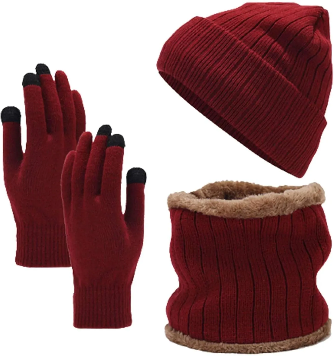 Men Women Winter Hat Warmer Scarf Touchscreen Gloves Set Warmer Neck Thick Knit Hat Set Hat Gloves Scarf Set Boys