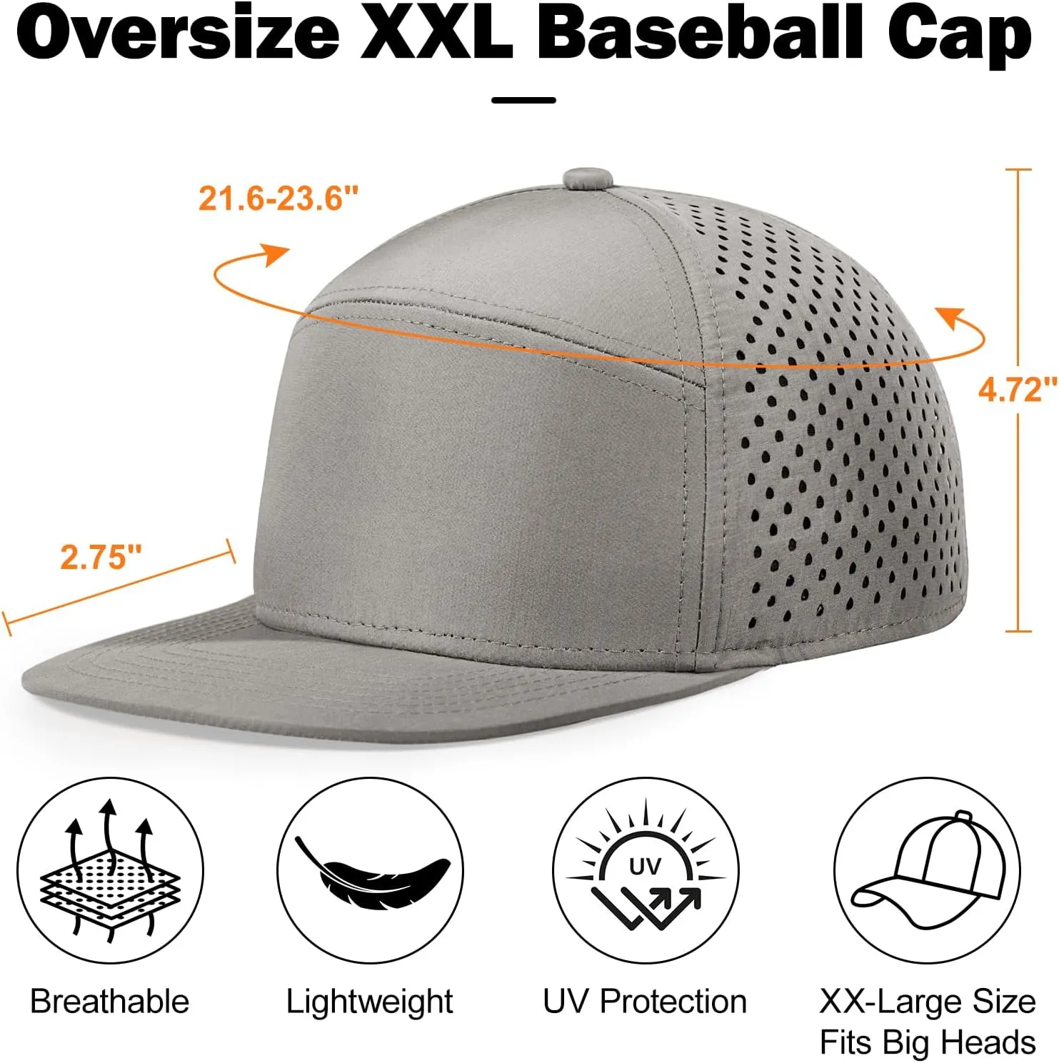 Men's Oversize XXL Flat Brim Baseball Cap Adjustable Performance Snapback Hat Laser Perforated Cap Plus Size for Big Head