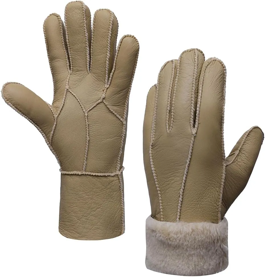 MGGMOKAY Women Leather Gloves Shearling Sheepskin Winter Warm Gloves Fur Lined